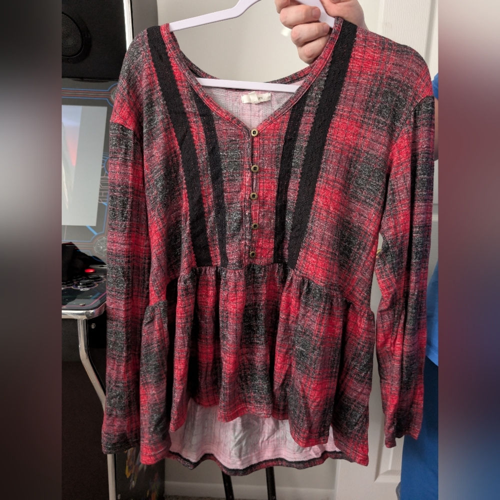 Maurices Red and Black Plaid Peplum Blouse